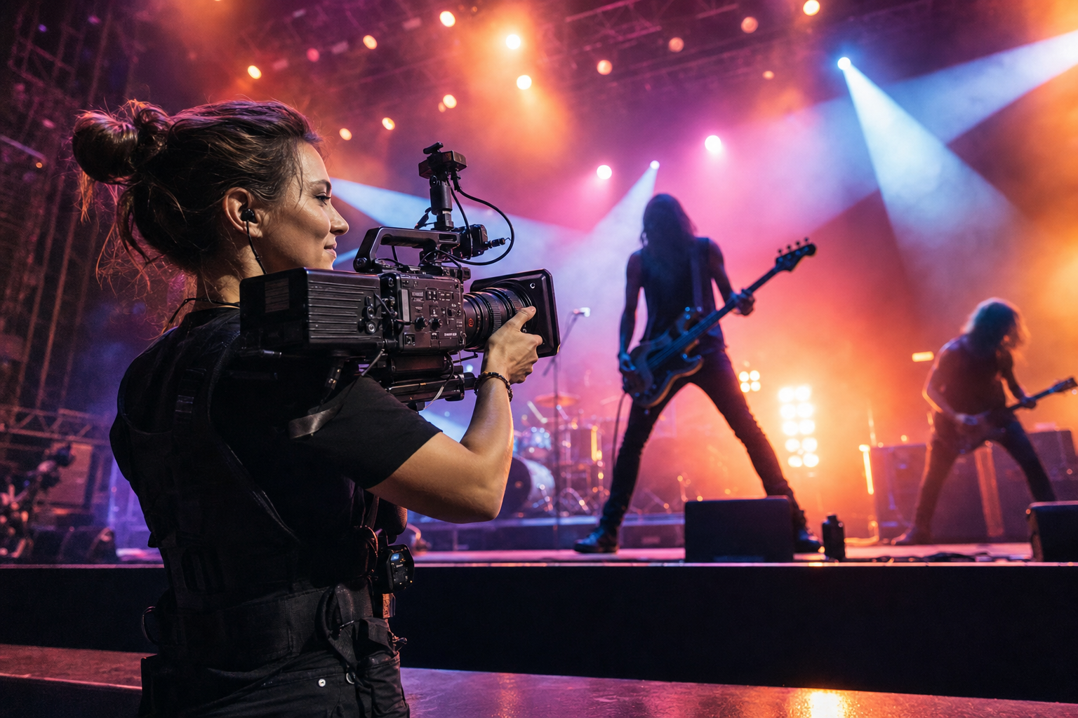 Videographer che filma un concerto live dal fronte palco con luci di scena drammatiche