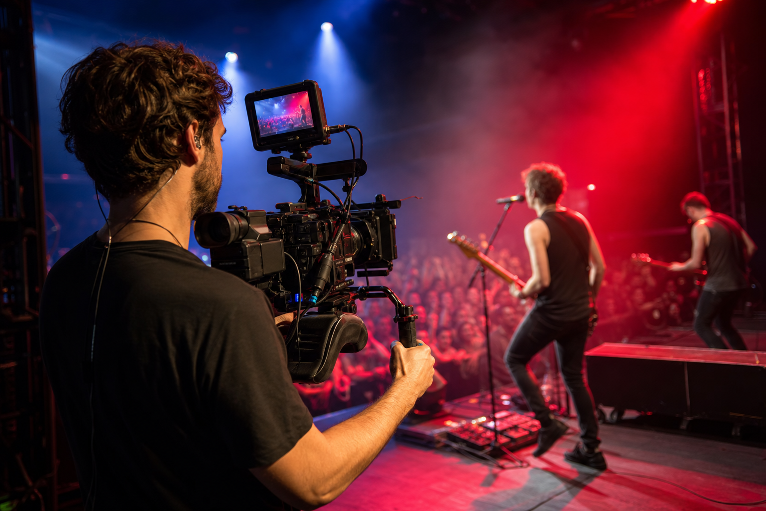 Videographer con rig a spalla che filma un'esibizione dal vivo
