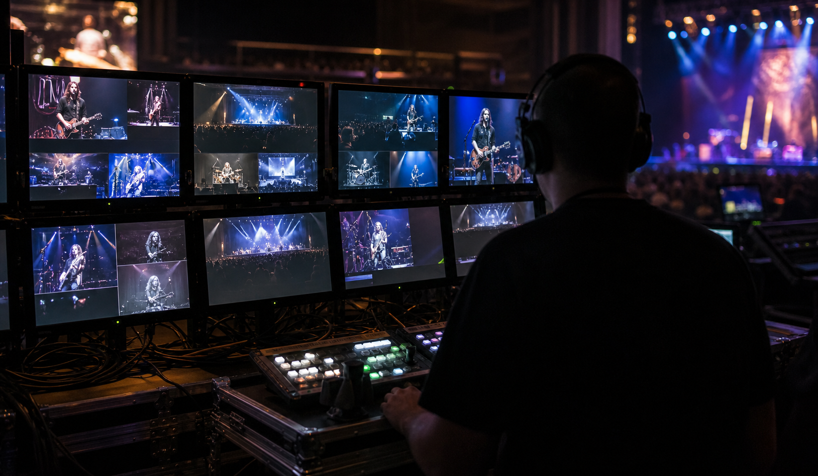 Video village multicamera con monitor broadcast a un evento live